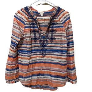 J Crew Women's Shirt Med Pullover Cotton Blouse Aztec Print Coral Blue Top Small